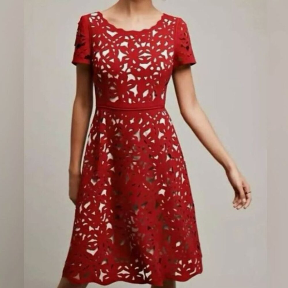 Moulinette Souers Anthropologie Women's Laser Eyelet Cut Dress Red Size 4